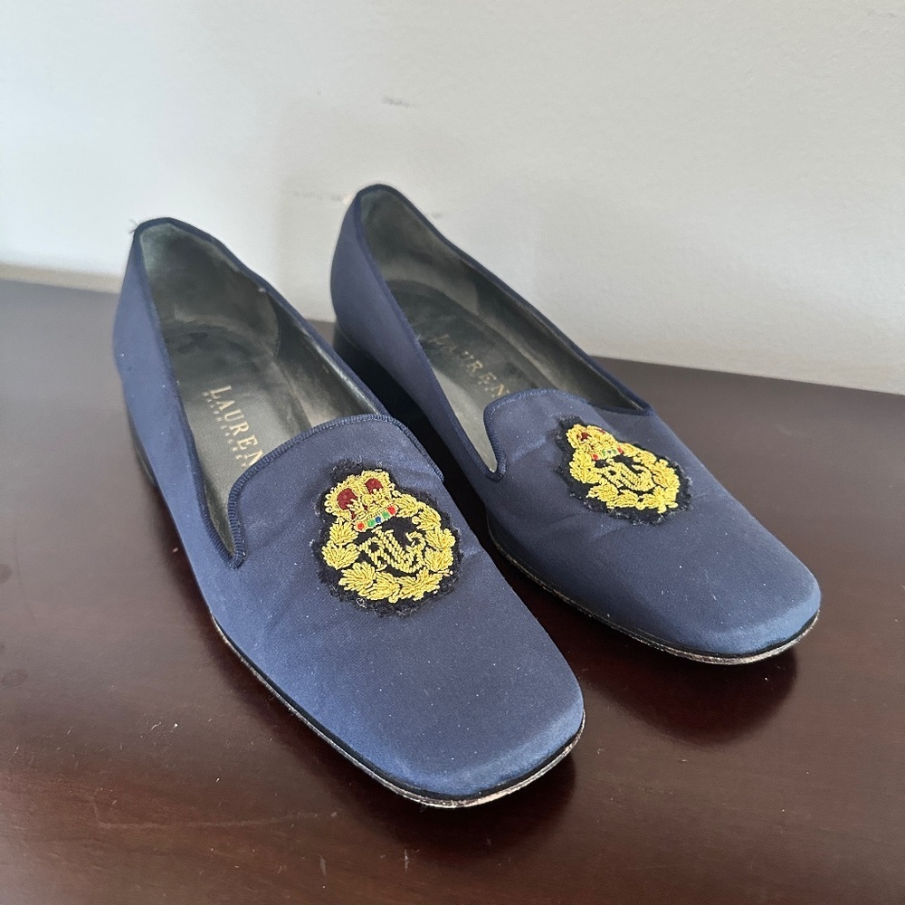 Ralph Lauren Women's Size 6B Healed Blue Ballerina Pumps Gold Crest Rare Vintage